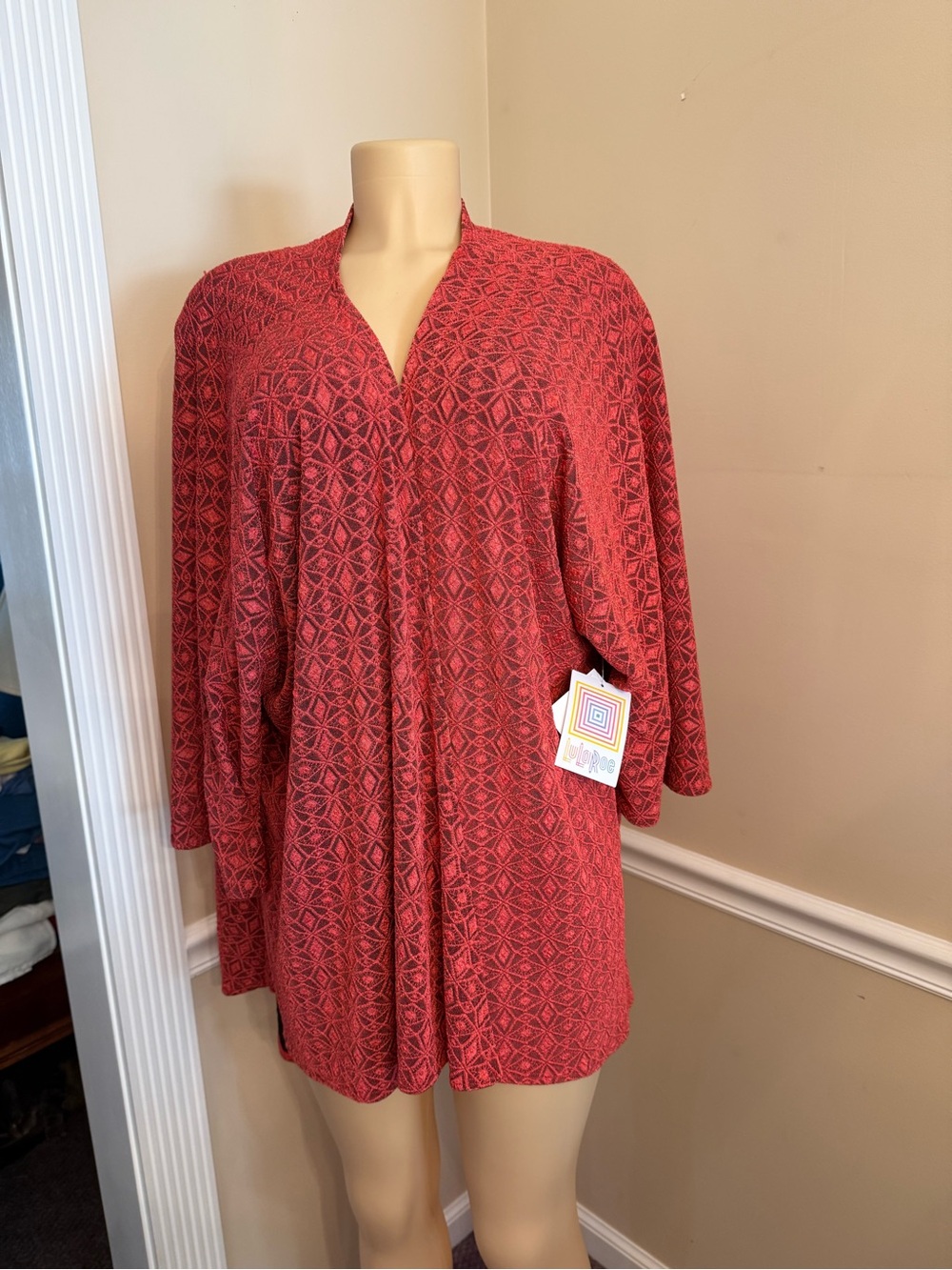 LuLaRoe Coral Red Patterned Open Cardigan